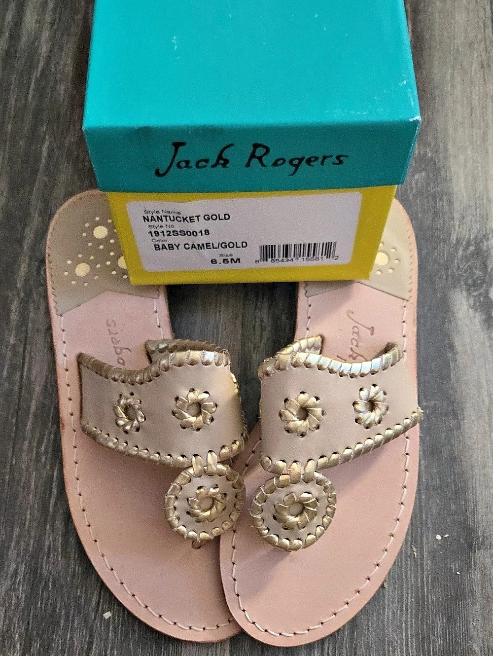 Jack Rogers Baby Camel With Gold Whipstitch Sandals.
